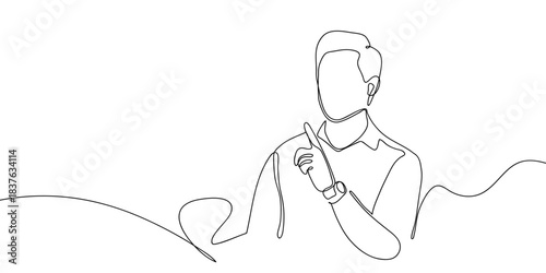 Smart man pointing his finger upwards in one continuous line. simple linear style. Doodle vector illustration Editable stroke.