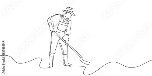 Farmers are digging the soil to do gardening in one continuous line. simple linear style. Doodle vector illustration Editable stroke.