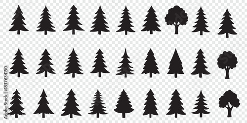 Christmas tree icon set, festive pine silhouettes and decorated holiday trees with stars and ornaments for winter. Decorative Black Christmas Tree Icons Collection for Holiday Design. EPS 10. 