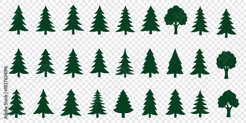 Pine tree silhouette set, fir tree vector, evergreen clipart, coniferous tree illustration, forest tree outlines, black tree icons. Christmas Trees Pictogram Set. Eps 10. 