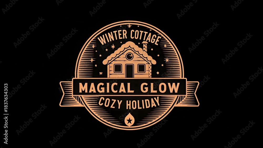 Obraz premium Stunning vintage badge design featuring a cozy winter cottage glowing warmly during the holiday season