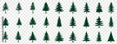 Christmas tree icon set, festive pine silhouettes and decorated holiday trees with stars and ornaments for winter. Decorative Black Christmas Tree Icons Collection for Holiday Design. EPS 10. 