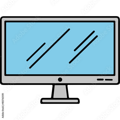 Simple Flat Design of a Computer Monitor Displaying a Light Blue Screen with a Gray Bezel and Stand Isolated on a Black Background