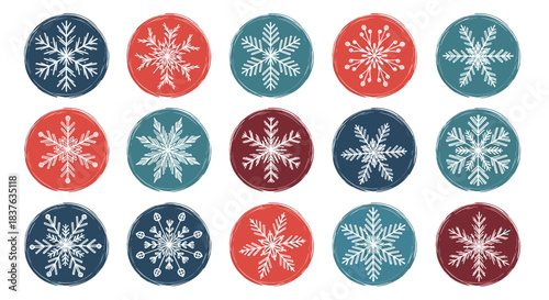 Collection of hand-drawn white snowflakes inside colorful blue and red circular shapes in a repeating pattern for winter holidays.