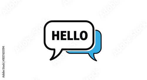 Two overlapping speech bubbles with the word HELLO in bold capital letters, symbolizing a friendly greeting or conversation.