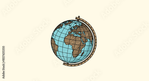 Vintage-style hand-drawn illustration of a world globe showing Africa and Europe, on a simple light-colored background.