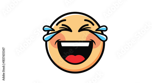 Laughing emoji with tears of joy, depicted in a colorful cartoon style with a wide open mouth on a white background.