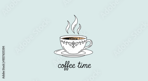 Simple line drawing of a steaming coffee cup with the text 'coffee time' written below it on a light blue background.