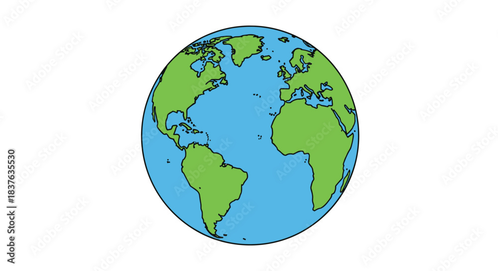 Obraz premium Simple cartoon illustration of the planet Earth, showing the continents of North America, South America, Europe, and Africa.