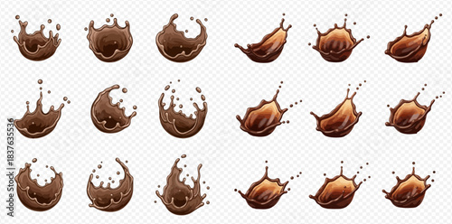 Dynamic Chocolate and Coffee Splashes Set with Droplets on Transparent Background 2dflat
