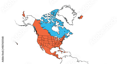 A color-coded map of North America, highlighting the United States in orange and Canada in blue on a white background.