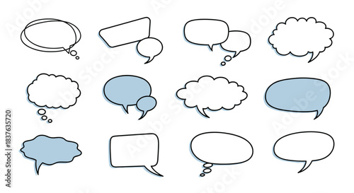 A collection of hand-drawn speech and thought bubbles in various shapes and styles, perfect for comics and communication designs.