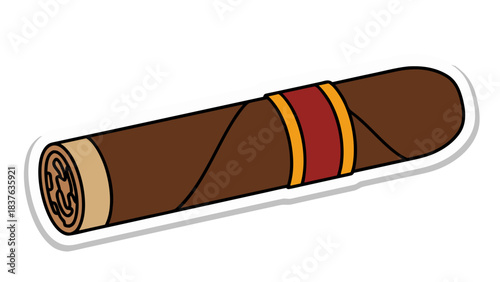 Illustration of a Brown Cigar with Red and Yellow Bands Against a White Outline on a Black Background