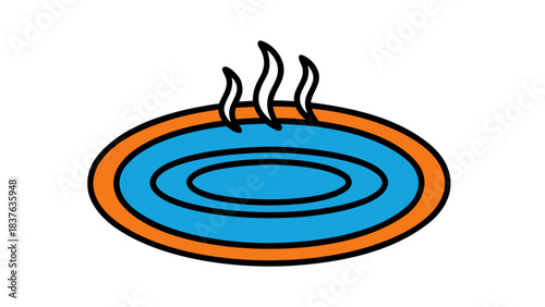 Illustration Of A Hot Spring With Steam Rising From The Blue Water Surrounded By An Orange Border Against A Black Background