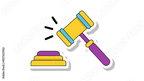 Illustration of a gavel and sounding block in yellow and purple with blue accents against a stark black background symbolizing justice and law