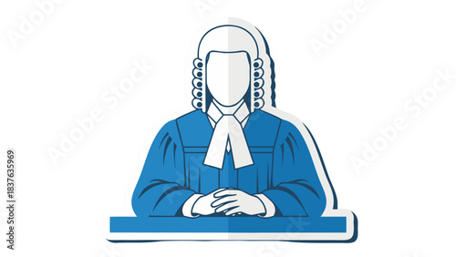 Illustration of a Lawyer Wearing a Wig and Robes Sitting at a Desk with Hands Folded on a Black Background