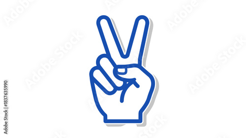 Illustration of a white hand making a peace sign with blue outline and shadow against a black background representing victory or success