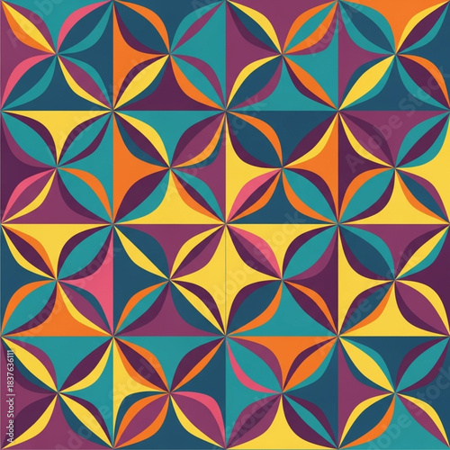 Seamless geometric pattern with a retro, mid-century modern aesthetic, composed of interconnected circular or pinwheel shapes in a bold, contrasting color scheme of teal, yellow, purple, and orange.