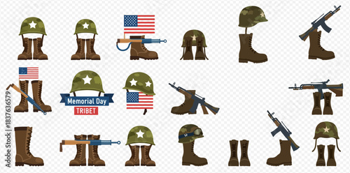 Military Remembrance Symbol Collection American Flag Combat Gear Soldier Boots Helmets and Rifles for Patriotic Honor and Tribute 2dflat