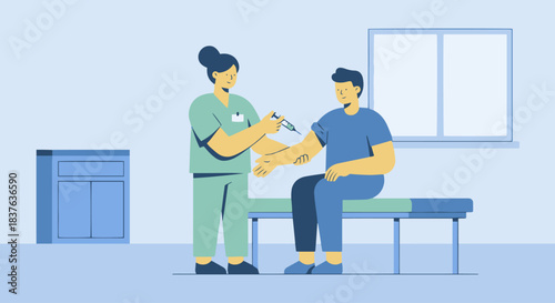 “Flat-style vector of a nurse administering a vaccine with a syringe, simple shapes, minimal medical room backdrop.”