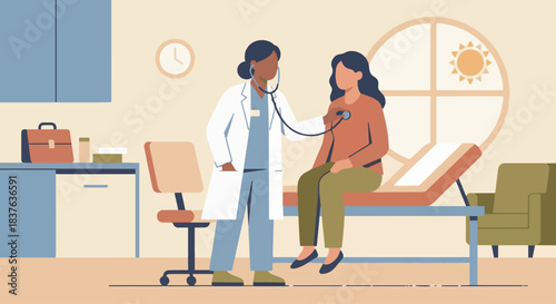 “Flat vector of a nurse using a stethoscope during a routine check, soft warm tones, clean geometric style.”