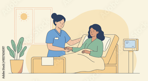 “Nurse assisting a patient in a hospital bed, warm caring atmosphere, flat vector design, minimal details.”