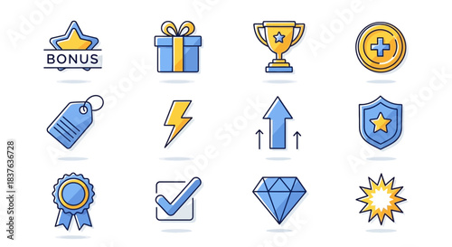 Vibrant collection of outline icons depicting gaming achievements, rewards, bonuses, and progress indicators for user interface and mobile app design projects, isolated on white