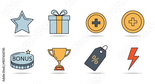 Diverse vector UI icon set for gaming, rewards, and shopping elements, featuring achievements, bonuses, currency, and discount tags for digital applications