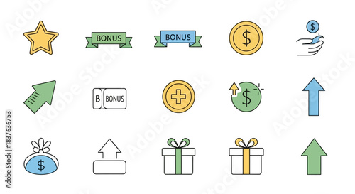 Collection of financial success and reward icons growth, bonus, earnings, money, and progress symbols for business and achievement concepts