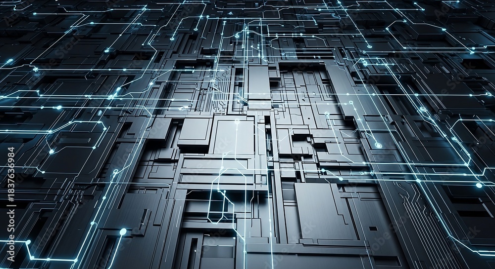 Fototapeta premium Close-up perspective of a dark, complex circuit board or technological surface, featuring glowing blue electrical pathways and intricate geometric segments, ideal for a tech background.