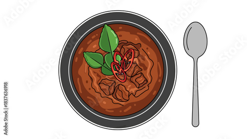 Delicious Stew in a Black Bowl with Fresh Herbs and Red Chili Peppers rendang indonesian food