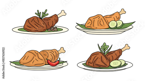 Delicious Roast Chicken Dishes with Fresh Vegetables and Herbs rendang indonesian food