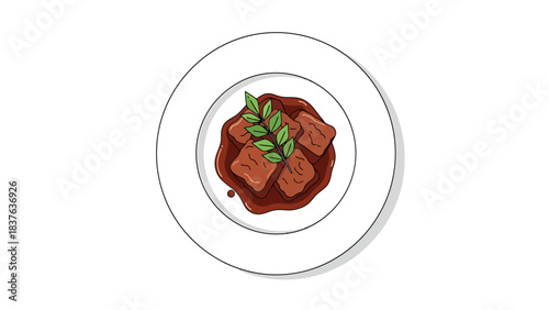 Delicious Gourmet Chocolate Brownie with Fresh Mint Leaves on White Plate rendang indonesian food