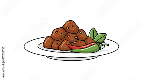 Delicious Spicy Meatballs Served with Fresh Vegetables and Herbs rendang indonesian food