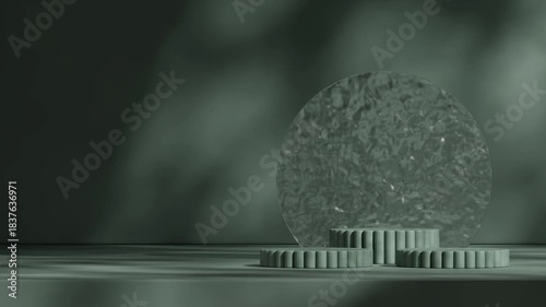 empty space dark green round podium of with seamless shadow animation looping circular textured glass background, rendering 3d footage