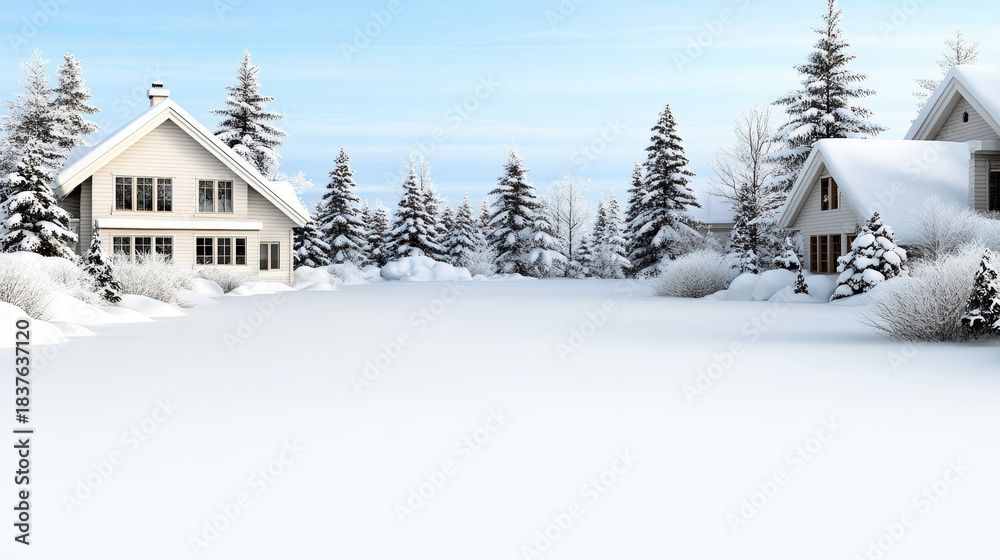 Fototapeta premium Snowy house winter landscape peaceful village with evergreen trees and soft light