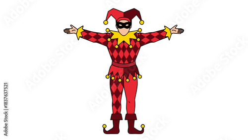 Jester Character in Red Diamond Patterned Costume with Black Mask and Jingle Bells on Shoes Standing Against Black Background