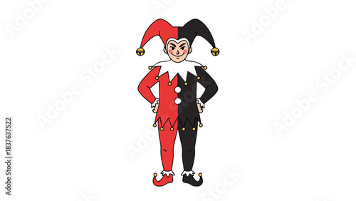 Jester Character In Black And Red Outfit With Jester Hat And White Collar Standing Against Black Background