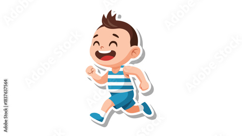 Joyful Cartoon Boy Running Wearing Striped Tank Top and Blue Shorts with Smiling Face and Athletic Stance Isolated on Black Background