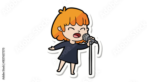 Joyful Cartoon Girl with Short Orange Hair Singing into Microphone Wearing Simple Dark Dress Standing on Stage Expressing Happiness with Closed Eyes and Open Mouth in Animated Style