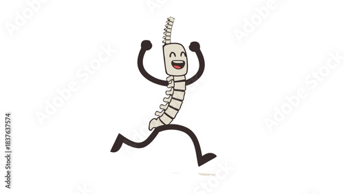 Joyful Cartoon Spine Character Running with Arms Raised in Celebration on Black Background