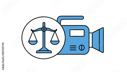 Legal Justice Symbol Scale Next To A Video Camera Icon Representing Courtroom Filming Or Legal Documentation In A Clean Minimalist Style With Blue And White Tones