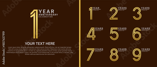 anniversary logo set multiple line style. gold and silver color on brown background for celebration moment