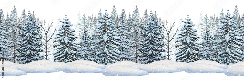 Obraz premium A hand drawn seamless border with a snowy forest. Watercolor illustration.