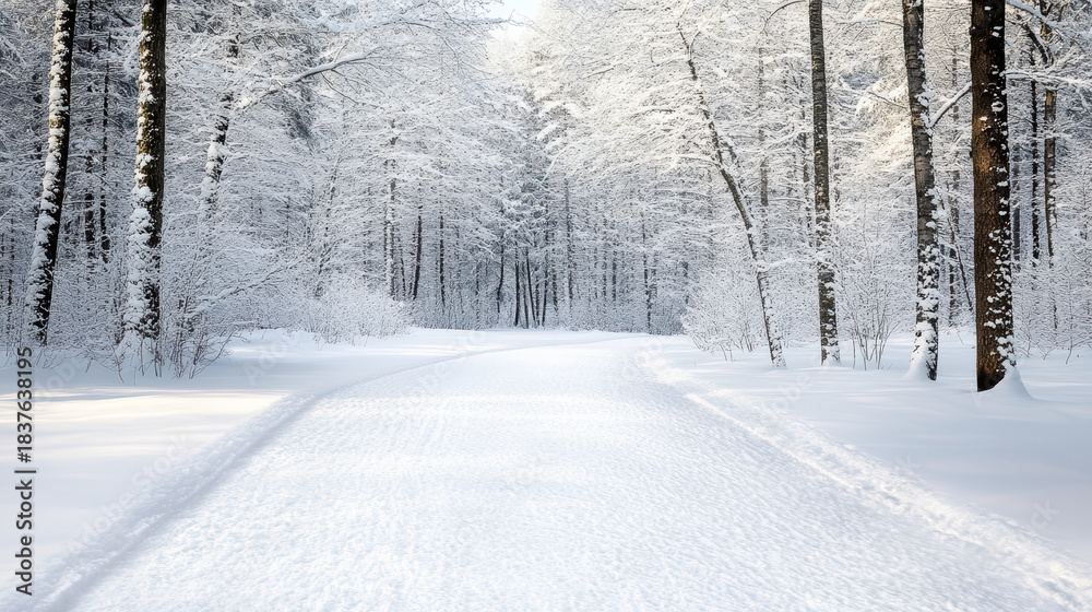 Obraz premium Snowy forest path winter trees snow covered trail serene winter scene frosted branches
