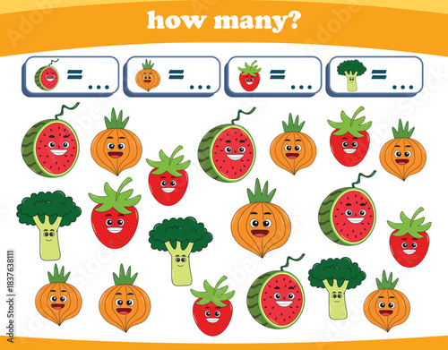 Counting game of fruits for preschool kids. Printable. Vector Illustration