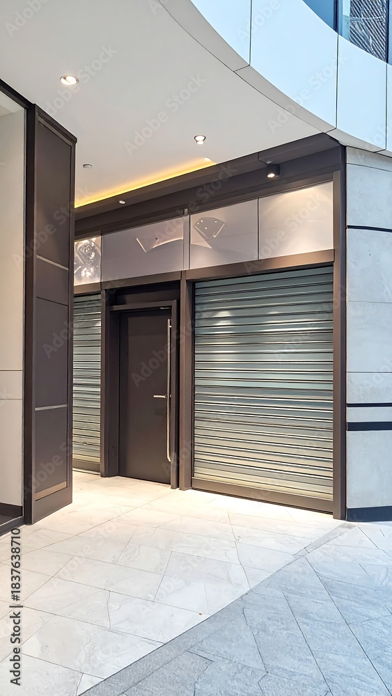 Fototapeta premium Entrance with closed rolling shutter on a marble floor, framed by modern architecture