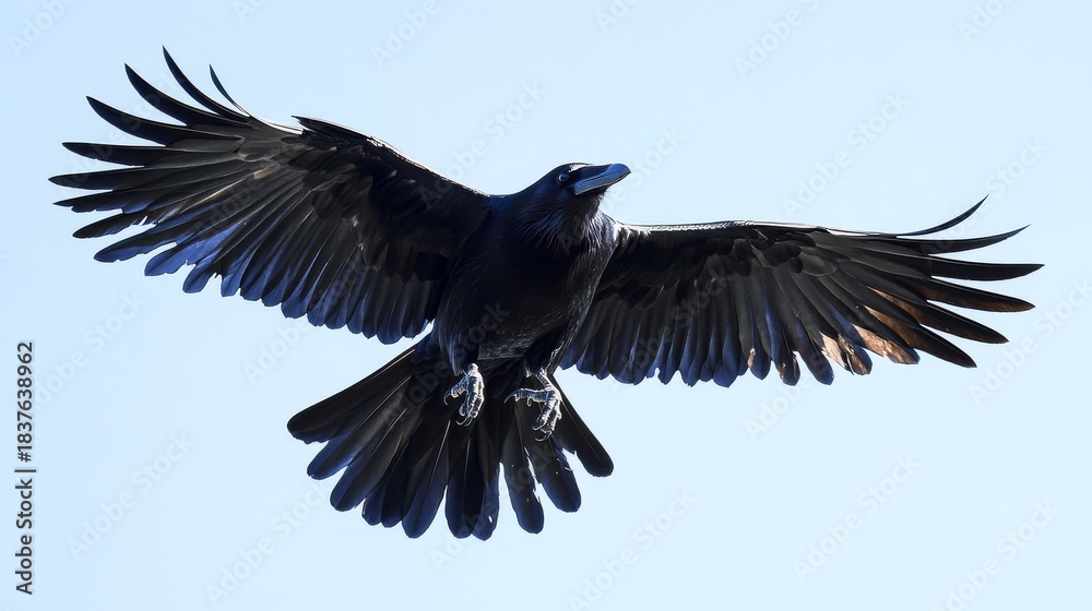 Obraz premium 81.Majestic carrion crow mid-flight against a bright spring sky, with sharp details of its black feathers and outstretched talons, sunlight glinting off the edges of its wings.