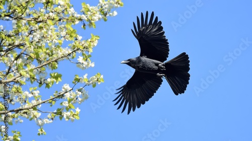 79.Concept = A carrion crow in flight blue sky, sunny day in springtime, Vienna (Austria)