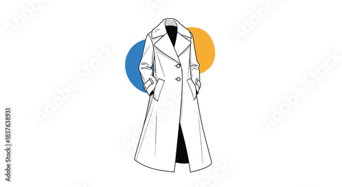 A fashion illustration sketch of a stylish long trench coat with blue and yellow accent circles in the background.